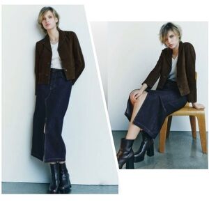 NWT Zara Dark Wash Denim Midi Skirt with Suede-Trim Waist Size S